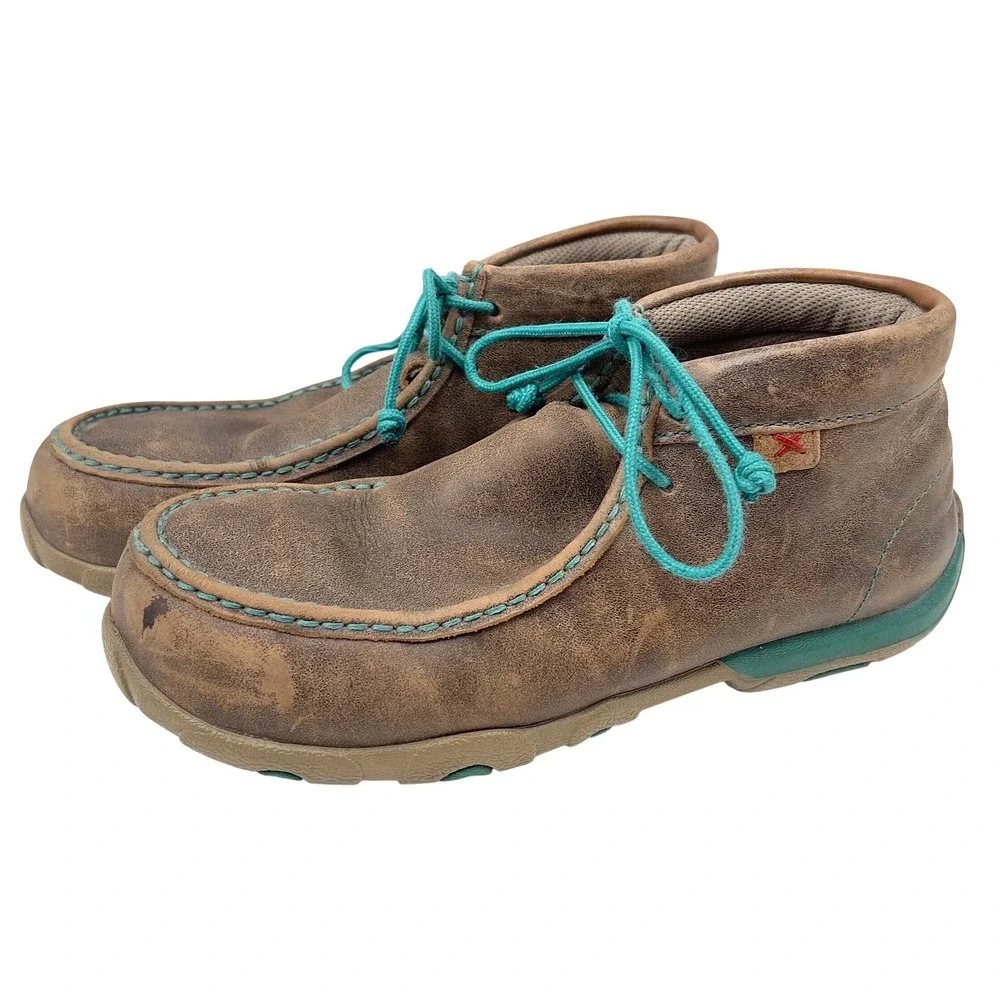 Twisted X Women's Steel Toe Chukka Driving Moc Brown Leather Teal WDMAL01 Size 7